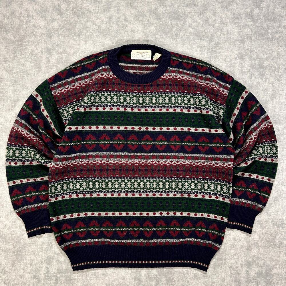 VTG 90s Ottimo Italy wool blend fair isle striped retro grandpa sweater mens L
